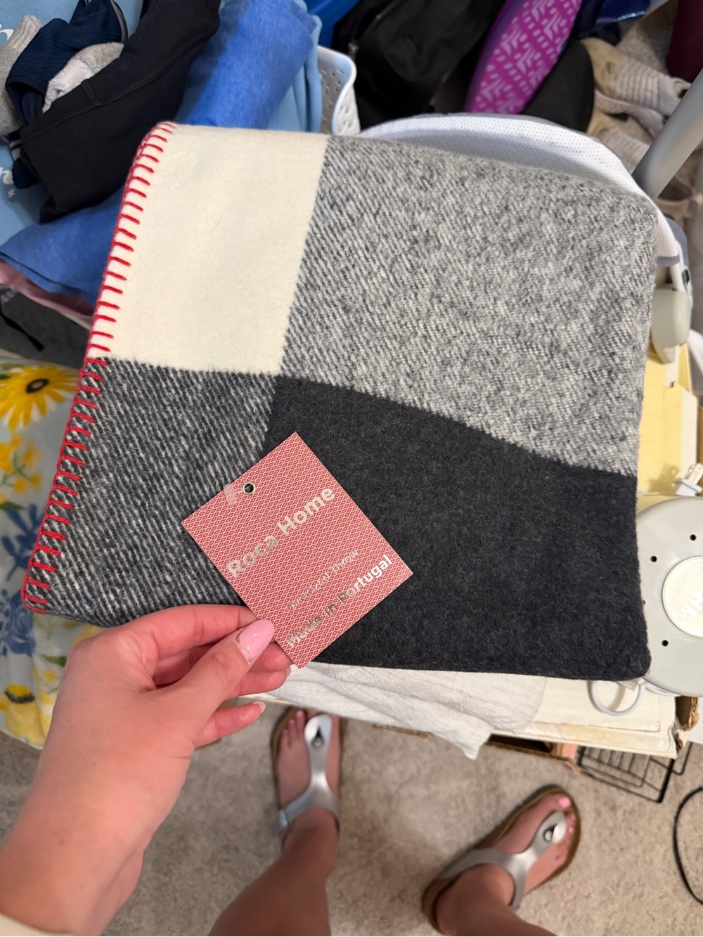 Cozy Patchwork Throw Blanket in Gray & Cream with Red Accent